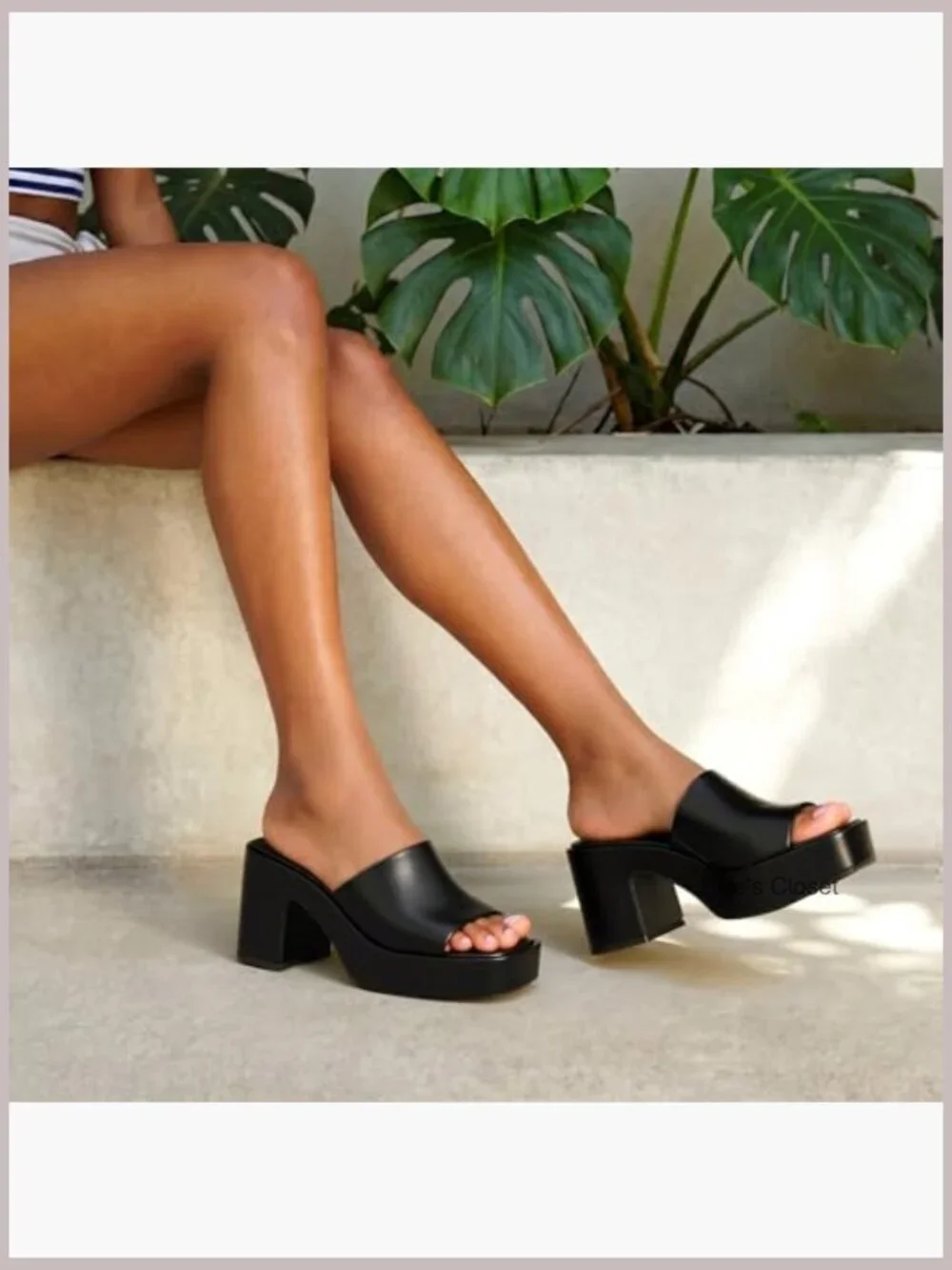 Chunky Platform Heels Square Open Toe Slip On Block Heel Sandals Faux Leather